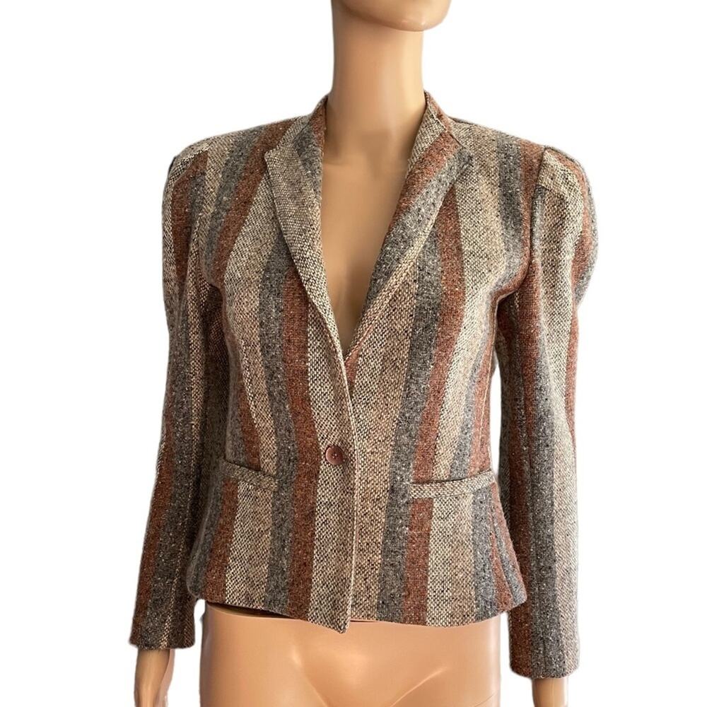 VTG Tomboy Blazer Womens 5 Business Career Stripe Wool Blend One-Button Brown